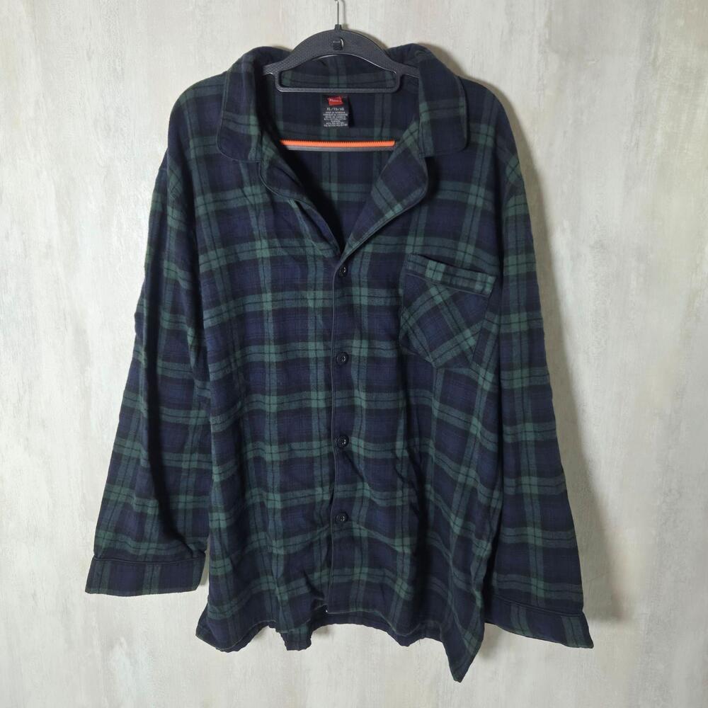 Hanes Pajama Top Mens XL Blue Plaid Flannel Button Long Sleeve Sleepwear Lounge